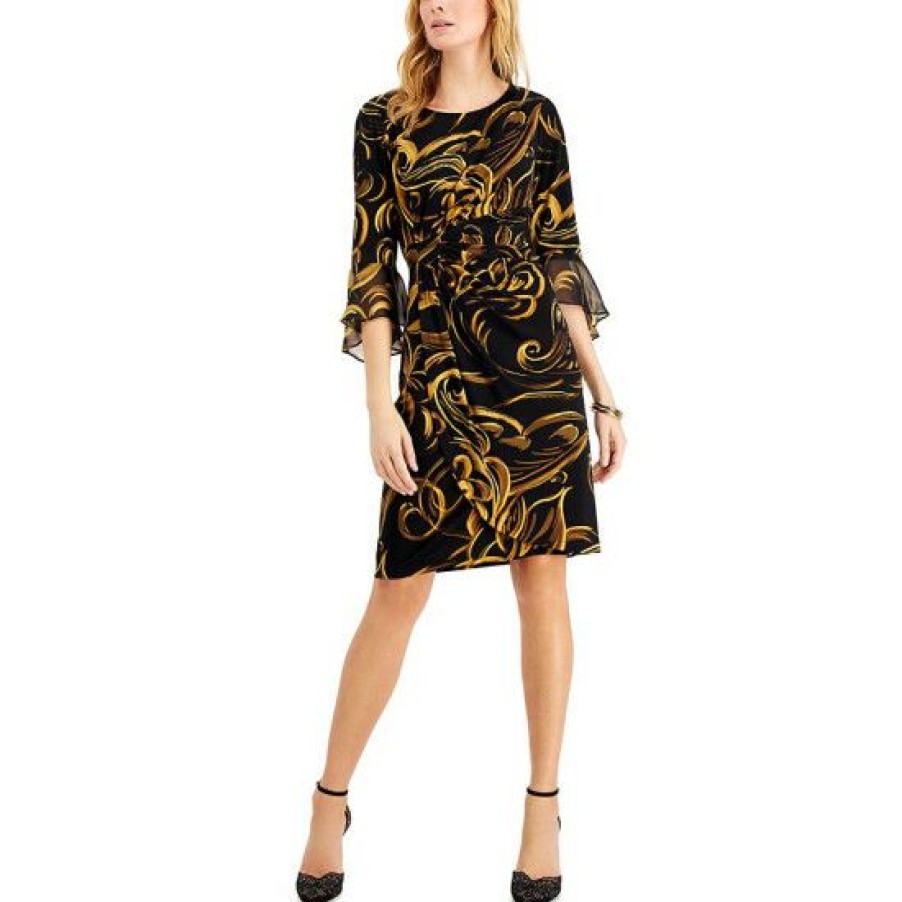 Women * | Buy Connected Petite Ruffled-Sleeve Sheath Dress Mustard