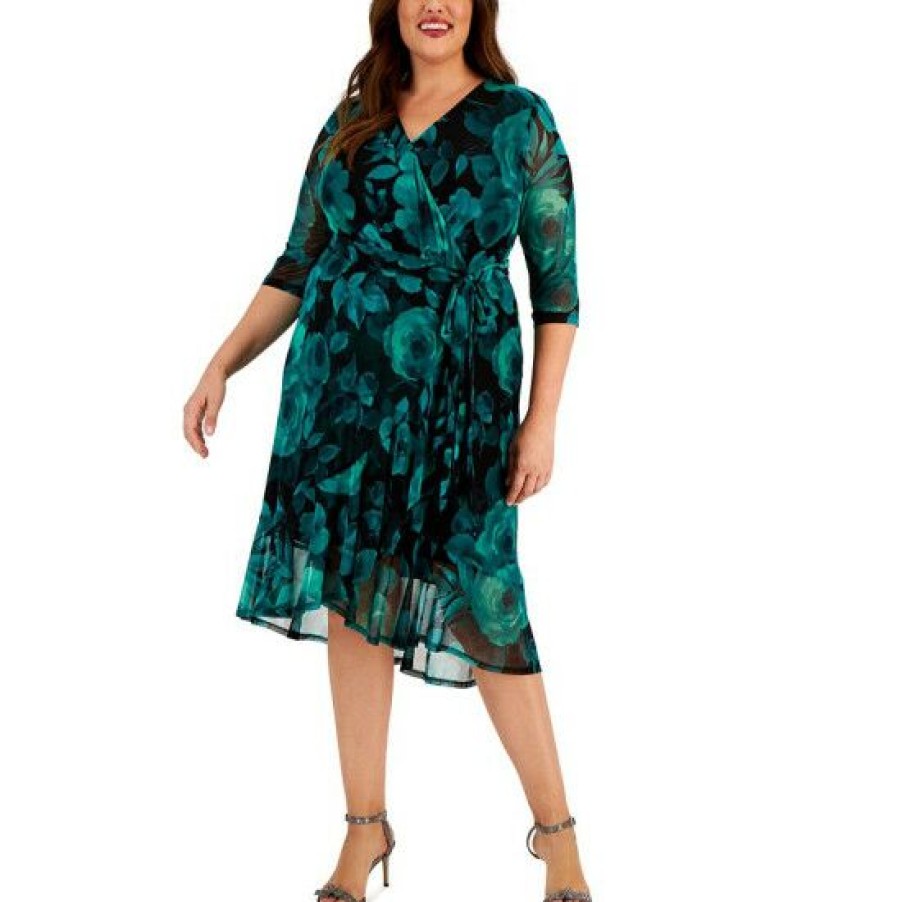 Women * | Hot Sale Connected Plus Size Floral-Print Faux-Wrap Dress Emerald