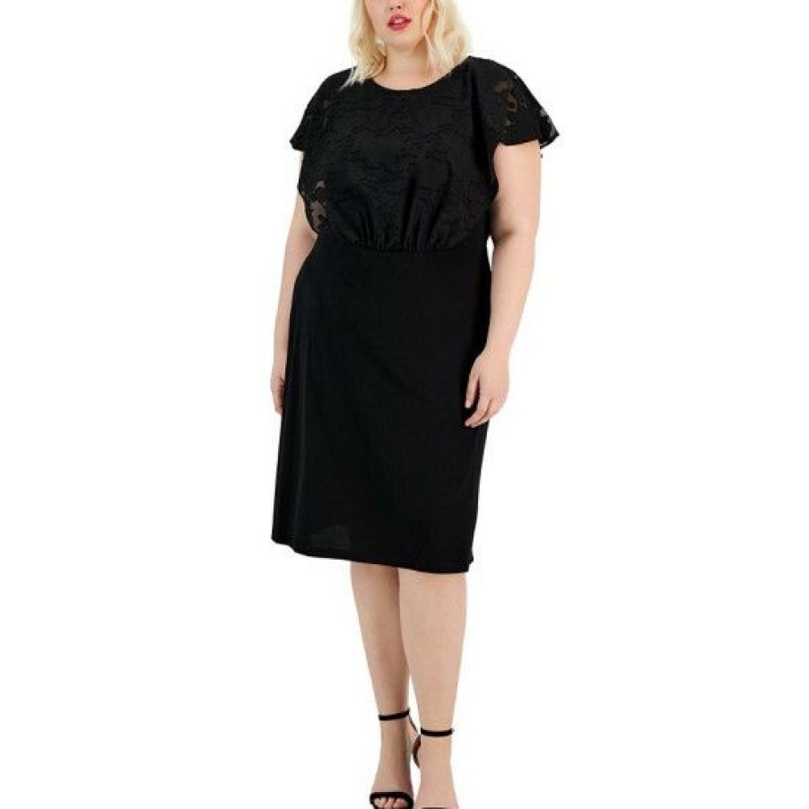 Women * | Cheap Connected Plus Size Burnout-Top Flutter-Sleeve Midi Dress Black