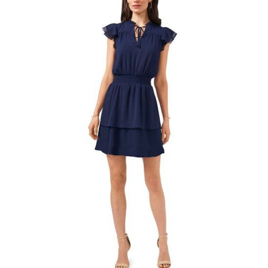 Women * | Flash Sale Msk Petite Flutter-Sleeve Tiered-Hem Dress Navy