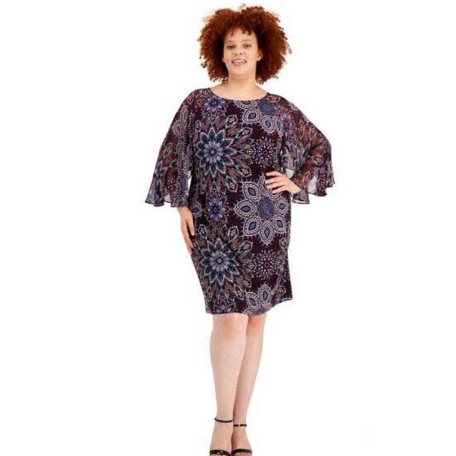 Women * | Deals Connected Plus Size Printed Ruffle-Sleeve Dress Plum