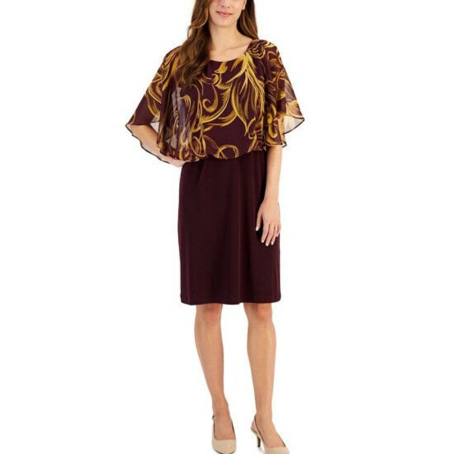 Women * | Deals Connected Petite Printed Chiffon-Overlay A-Line Dress Bordeaux