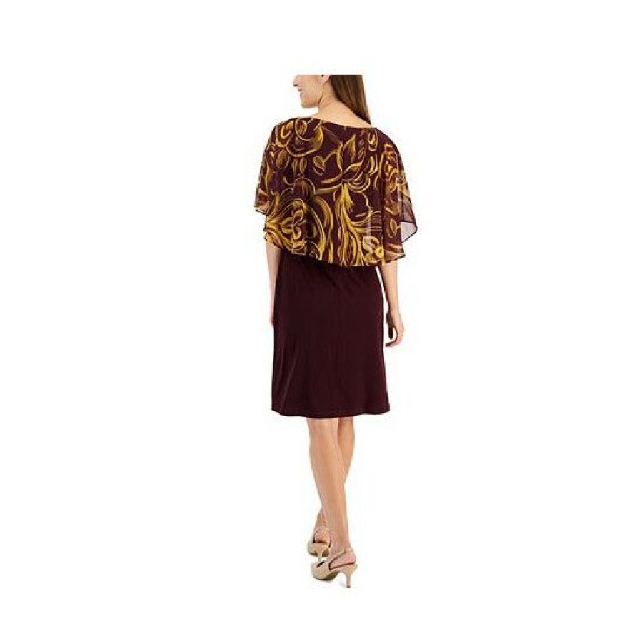 Women * | Deals Connected Petite Printed Chiffon-Overlay A-Line Dress Bordeaux