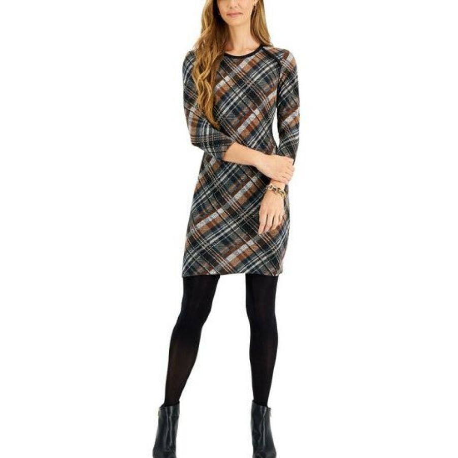 Women * | Promo Connected Petite 3/4-Sleeve Round-Neck Sheath Dress Brown