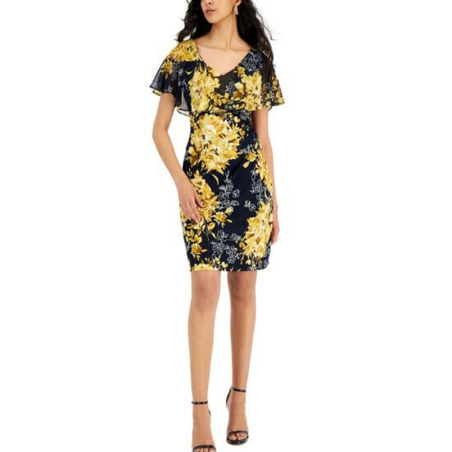 Women * | Coupon Connected Women'S Printed Cape-Overlay V-Neck Dress Navy/Mustard