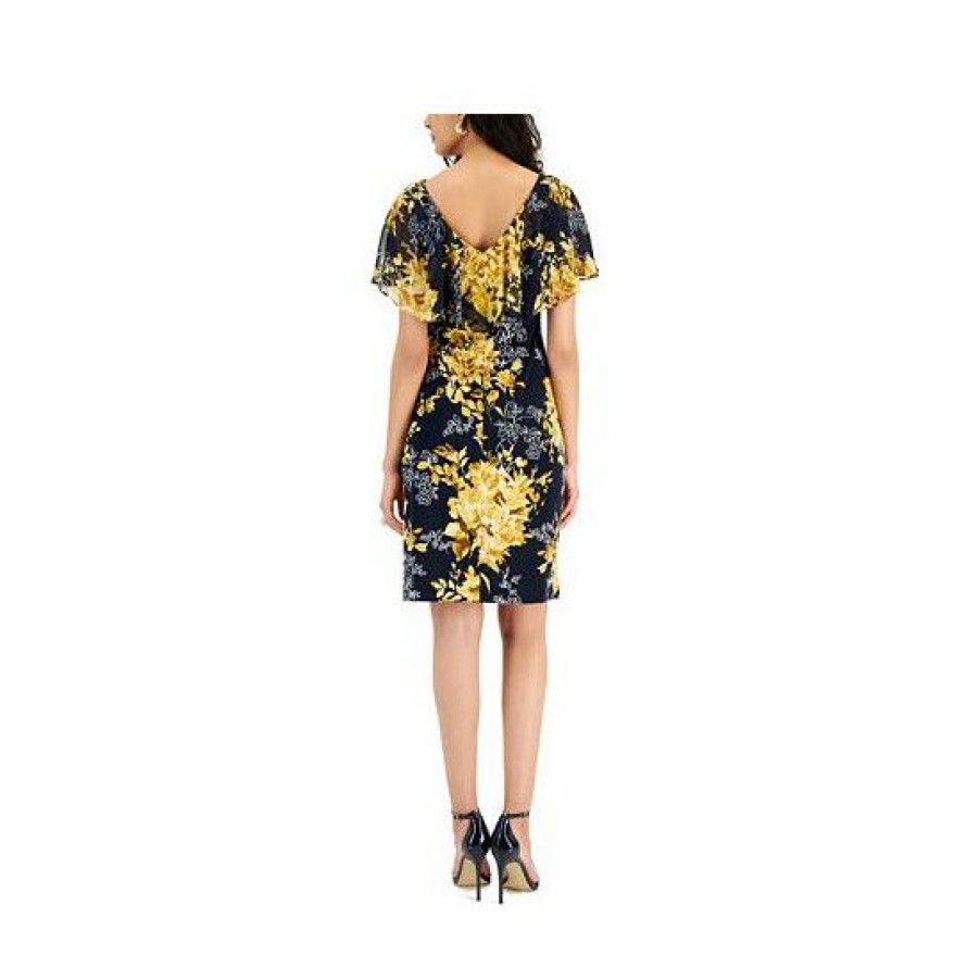 Women * | Coupon Connected Women'S Printed Cape-Overlay V-Neck Dress Navy/Mustard