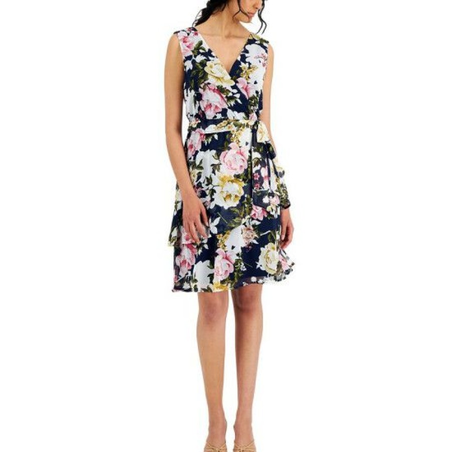 Women * | Promo Connected Women'S Floral-Print Tie-Waist Dress Navy