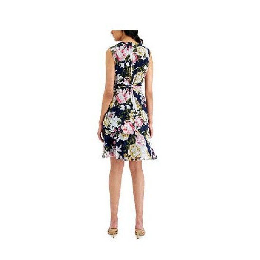 Women * | Promo Connected Women'S Floral-Print Tie-Waist Dress Navy