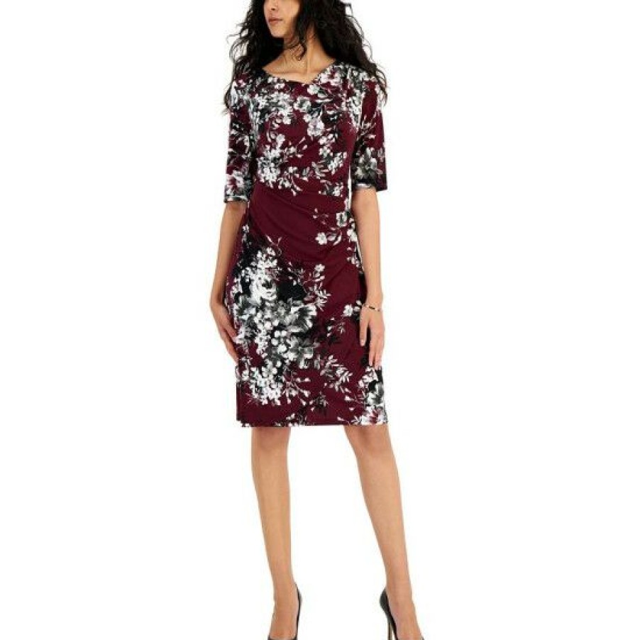 Women * | Best Pirce Connected Women'S Floral-Print Pleat-Front Wrap Dress Bordeaux