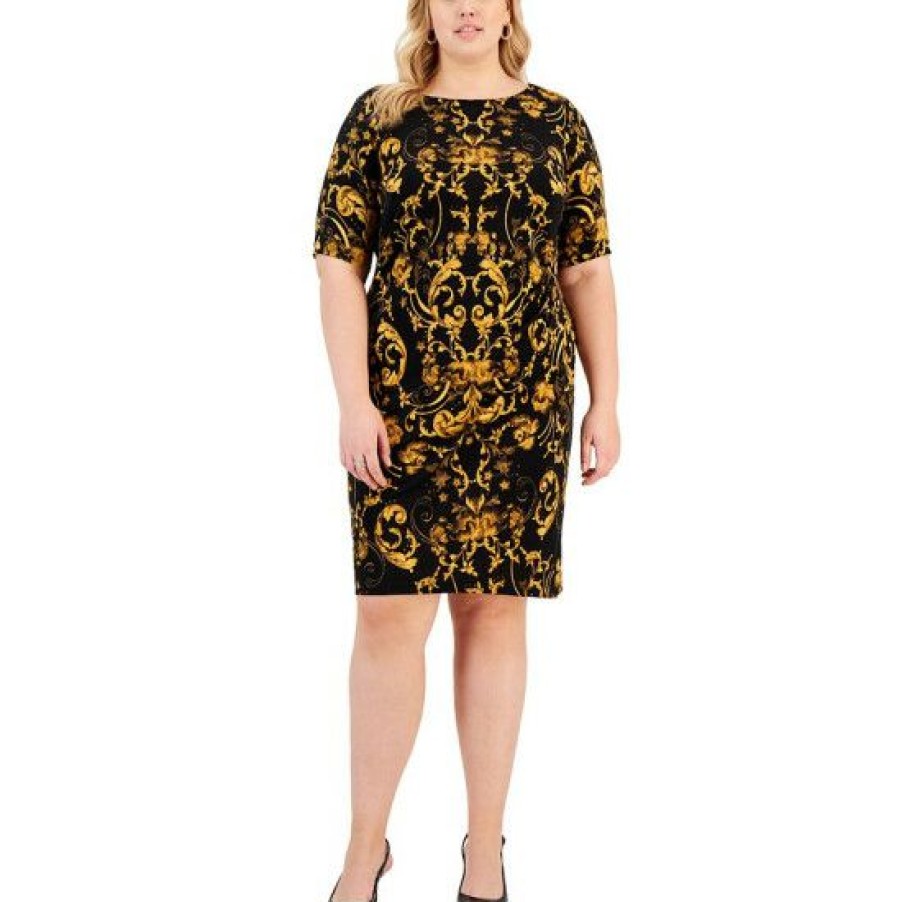 Women * | Hot Sale Connected Plus Size Short-Sleeve Round-Neck Sheath Dress Mustard