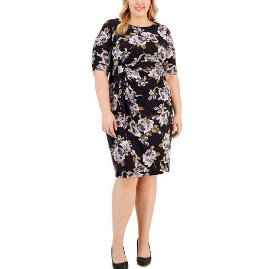 Women * | Best Reviews Of Connected Plus Size Printed Gathered Sheath Dress Eggplant