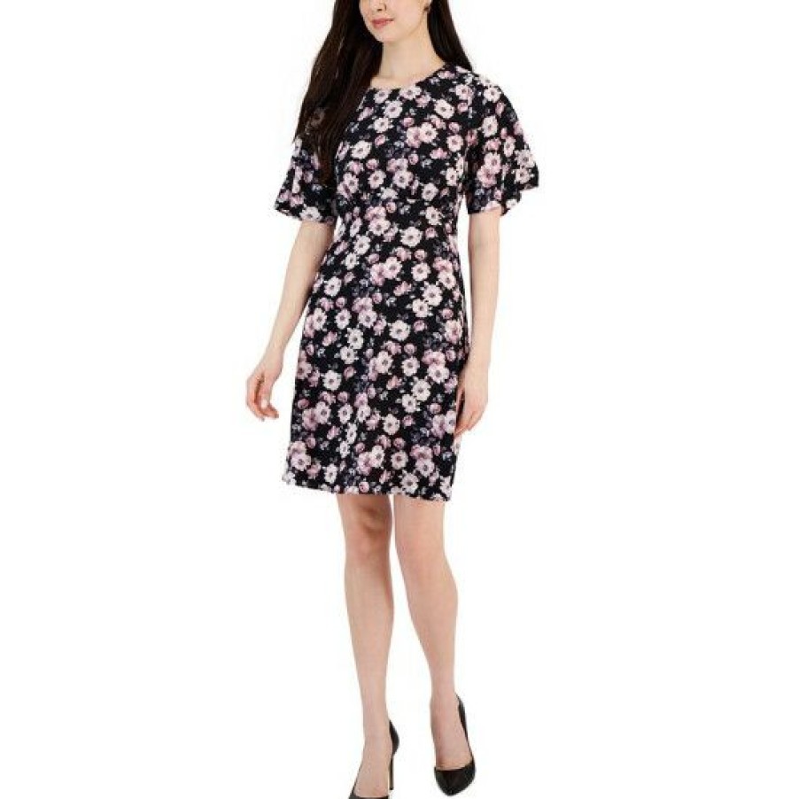 Women * | New Connected Women'S Floral-Print Round-Neck Sheath Dress Black