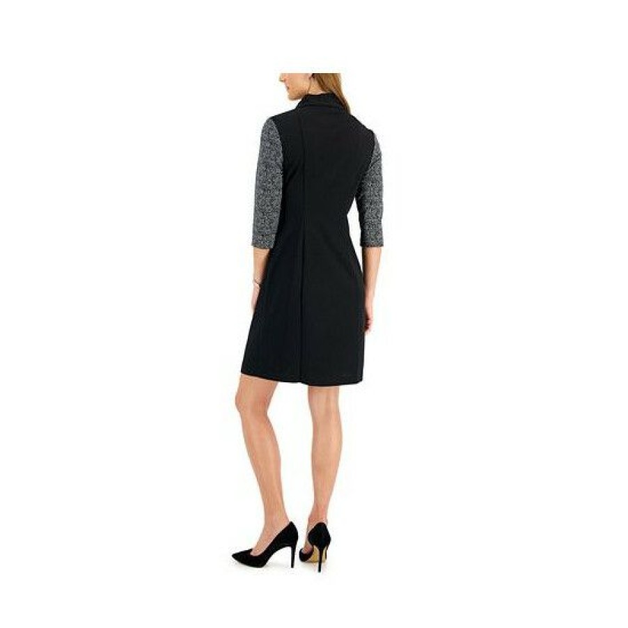 Women * | Deals Connected Women'S Round-Neck Tie-Waist Mixed-Media Sheath Dress Black