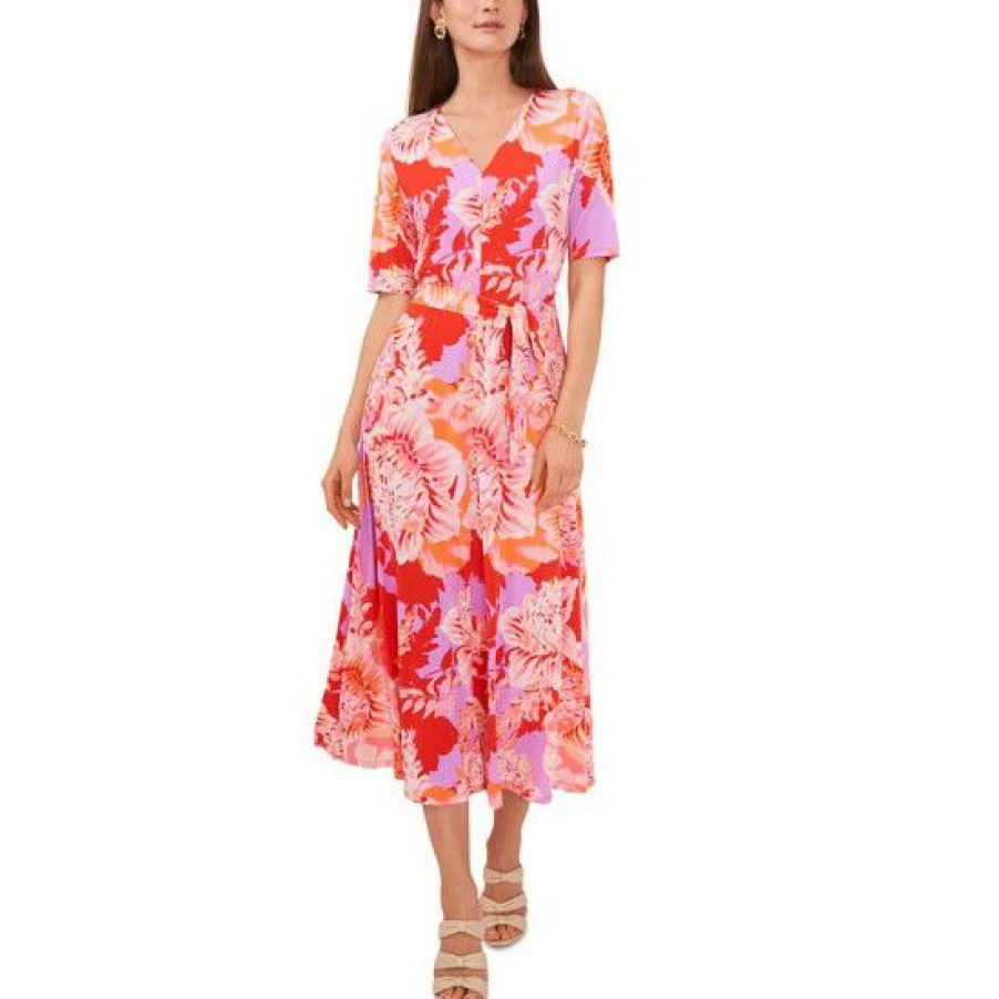 Women * | Coupon Msk Women'S Floral-Print Tie-Waist Elbow-Sleeve Dress Red/Purple