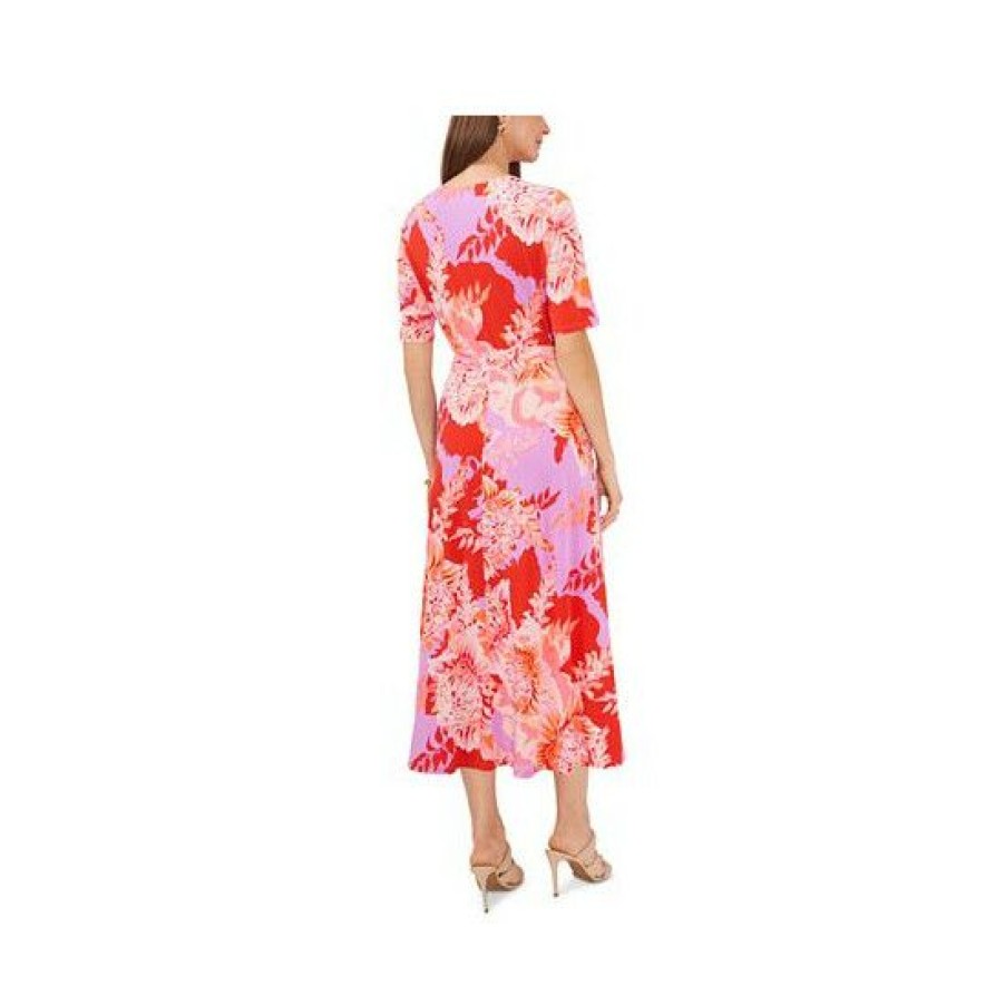 Women * | Coupon Msk Women'S Floral-Print Tie-Waist Elbow-Sleeve Dress Red/Purple