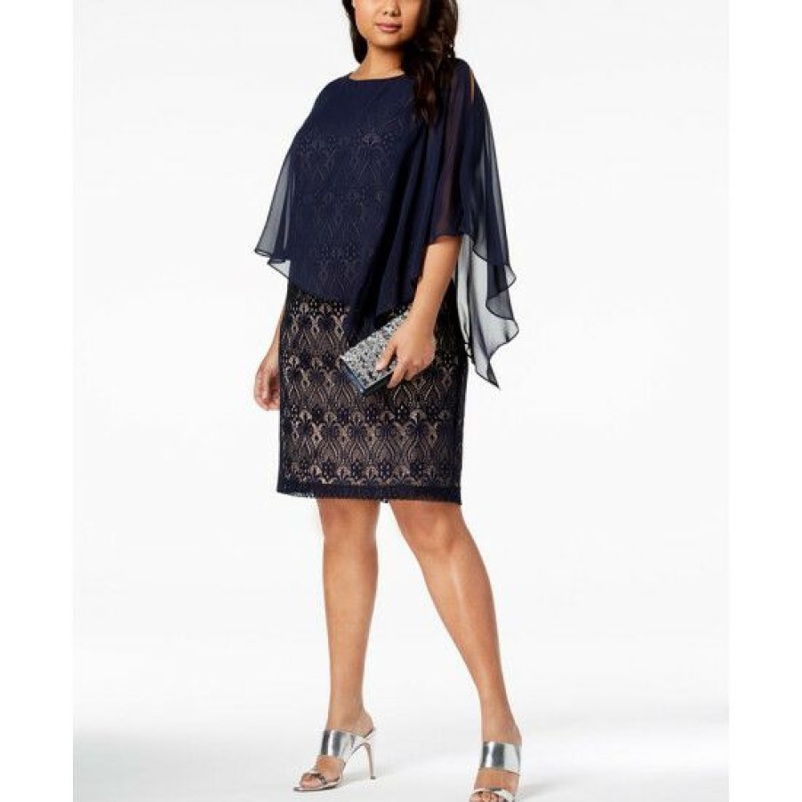 Women * | New Connected Plus Size Chiffon-Overlay Lace Sheath Dress Navy/Mocha