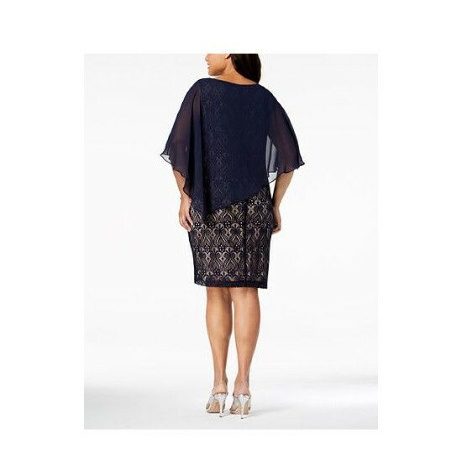 Women * | New Connected Plus Size Chiffon-Overlay Lace Sheath Dress Navy/Mocha