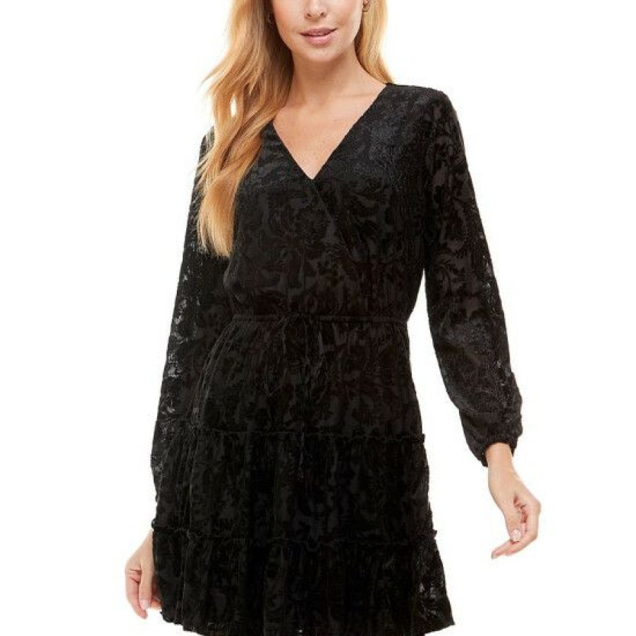 Women * | Budget City Studios Juniors' Surplice Tiered Dress Black