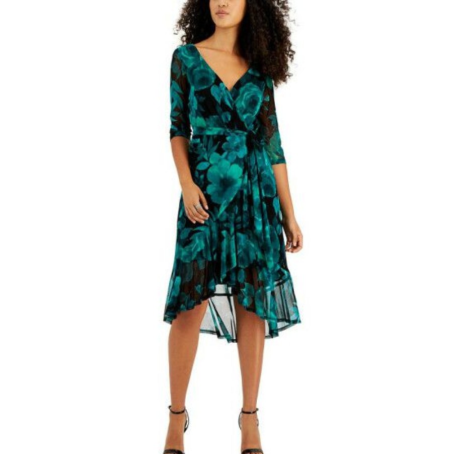 Women * | Discount Connected Petite Floral-Print Faux-Wrap 3/4-Sleeve Dress Emerald