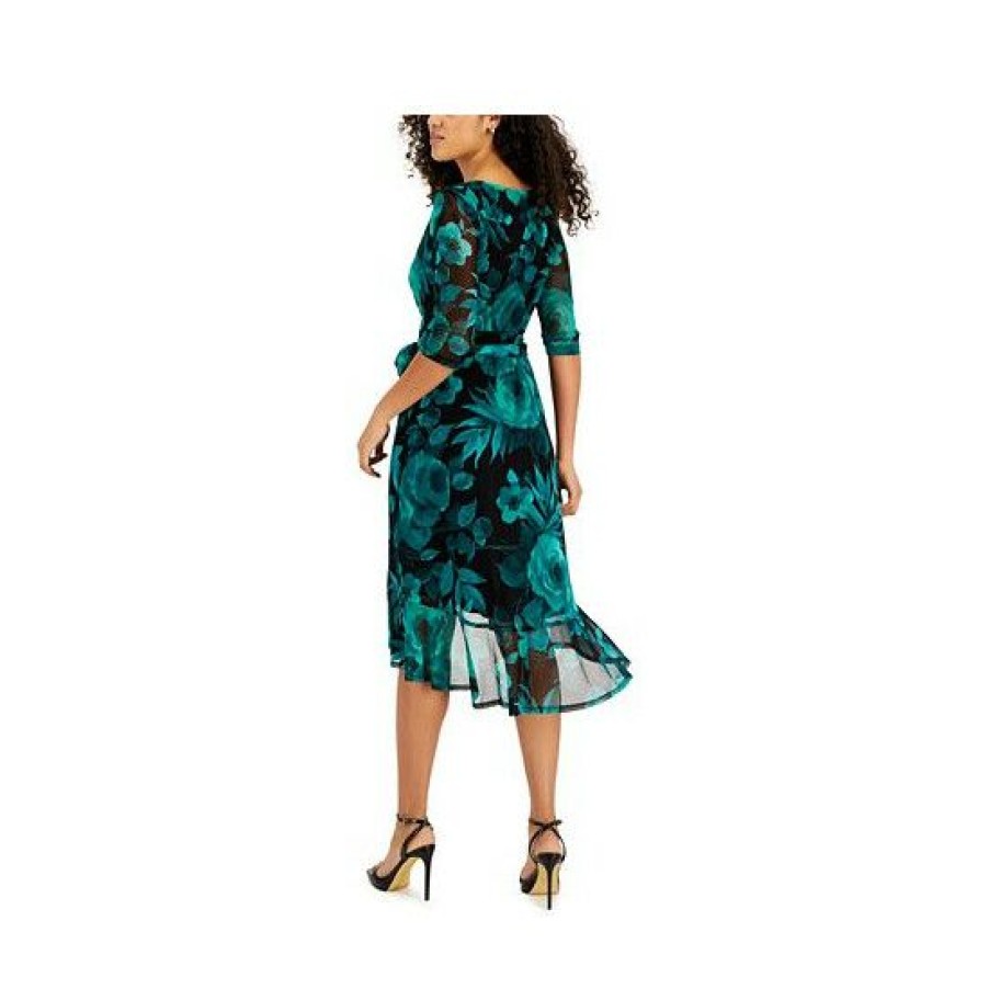 Women * | Discount Connected Petite Floral-Print Faux-Wrap 3/4-Sleeve Dress Emerald