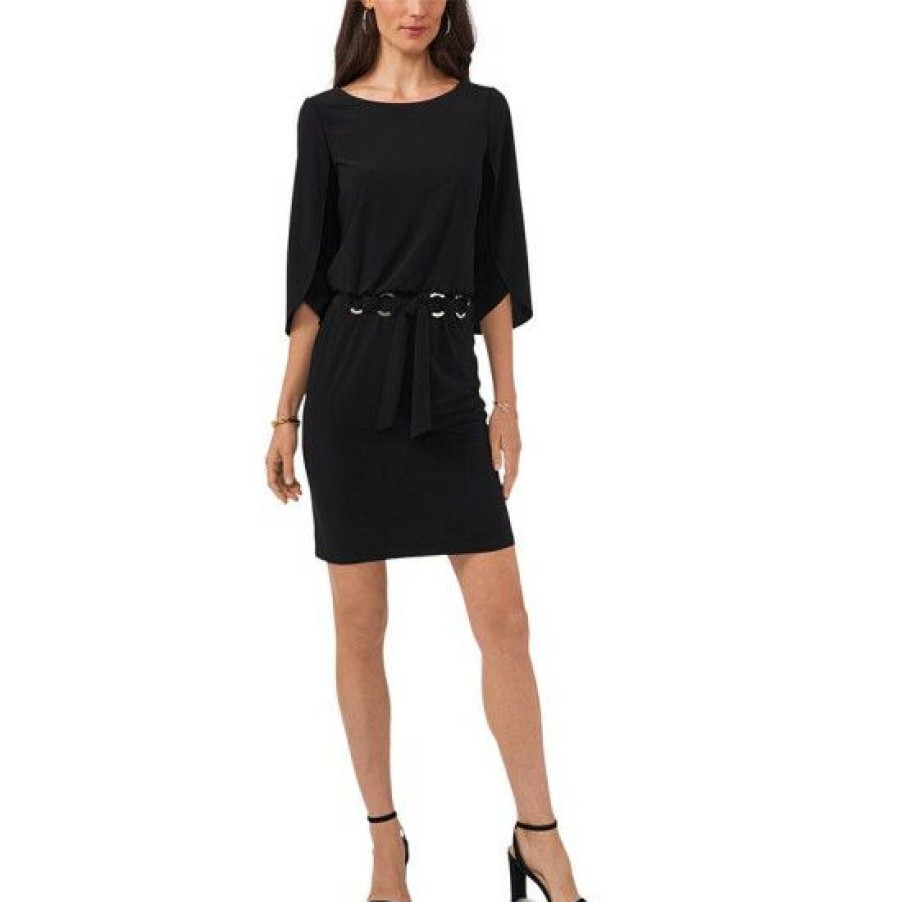 Women * | Flash Sale Msk Petite Belted Tulip-Sleeve Dress Black