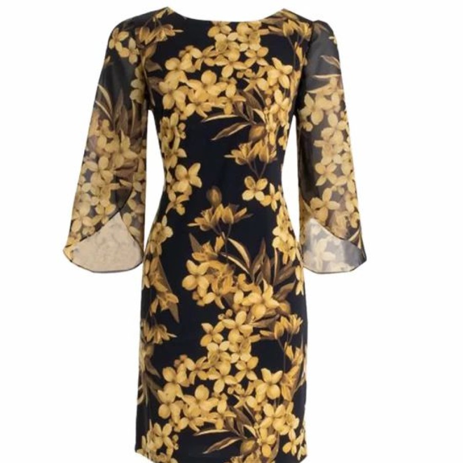 Women * | Top 10 Connected Women'S Printed Round-Neck Cape-Sleeve Dress Mustard