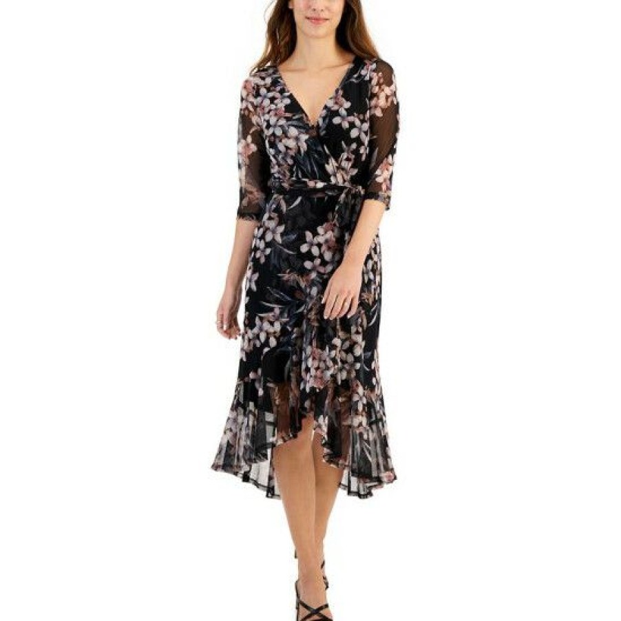 Women * | Wholesale Connected Petite Printed Mesh Faux-Wrap Dress Antique