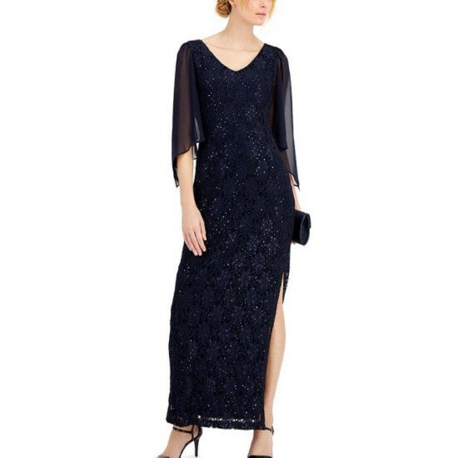 Women * | Promo Connected Sheer-Sleeve Lace Gown Navy