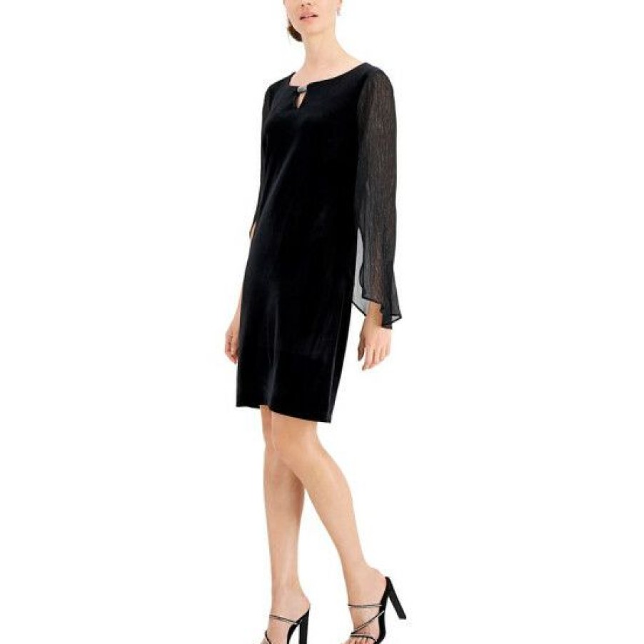 Women * | Cheap Connected Velvet Sheer-Sleeve Dress Black