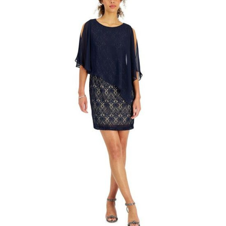 Women * | Budget Connected Petite Chiffon-Overlay Lace Sheath Dress Navy/Mocha