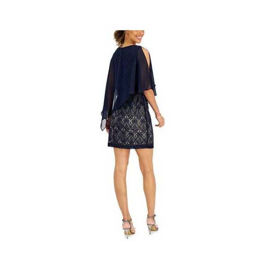 Women * | Budget Connected Petite Chiffon-Overlay Lace Sheath Dress Navy/Mocha