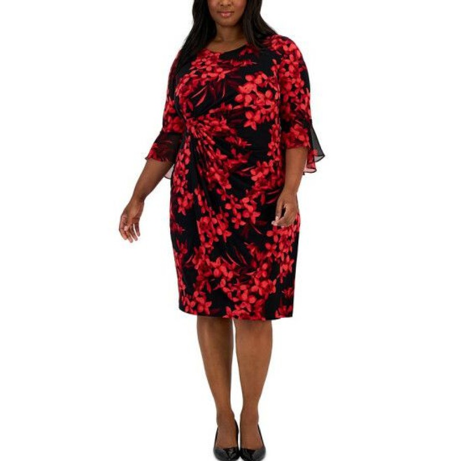 Women * | Deals Connected Plus Size Printed 3/4-Sleeve Side-Tab Dress Red