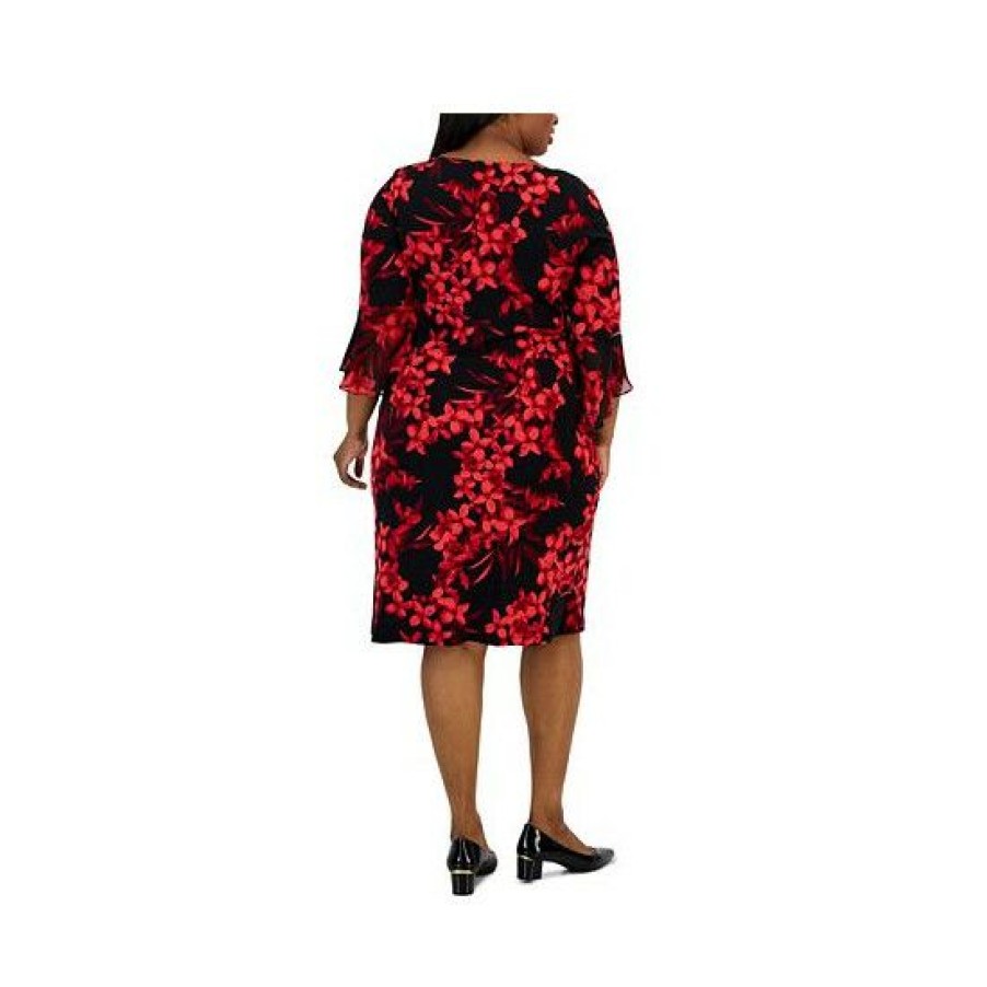 Women * | Deals Connected Plus Size Printed 3/4-Sleeve Side-Tab Dress Red