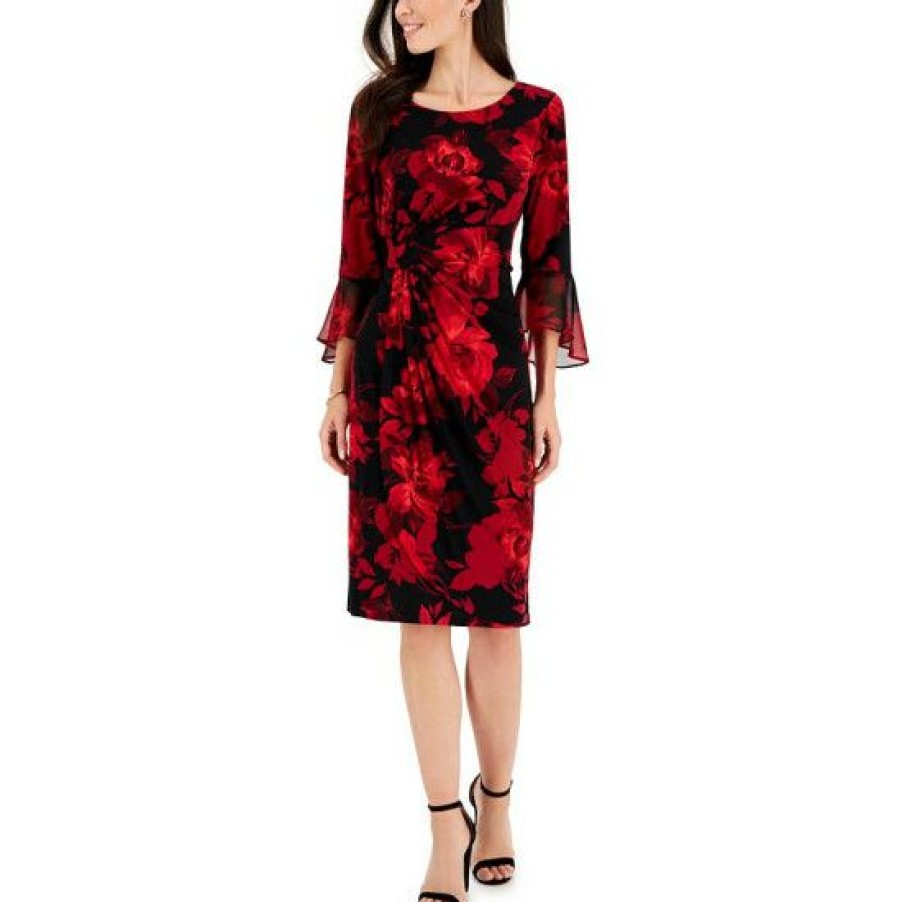 Women * | New Connected Women'S Floral-Print Flounce-Sleeve Sheath Dress Red