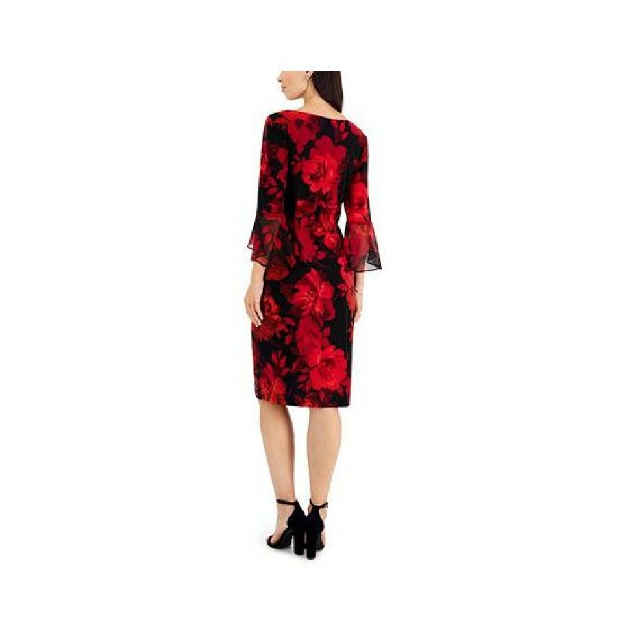 Women * | New Connected Women'S Floral-Print Flounce-Sleeve Sheath Dress Red