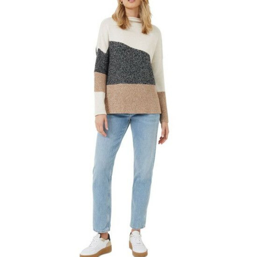 Women * | Deals French Connection Women'S Lotty Roll-Neck Colorblock Sweater Oatmeal Classic Cream