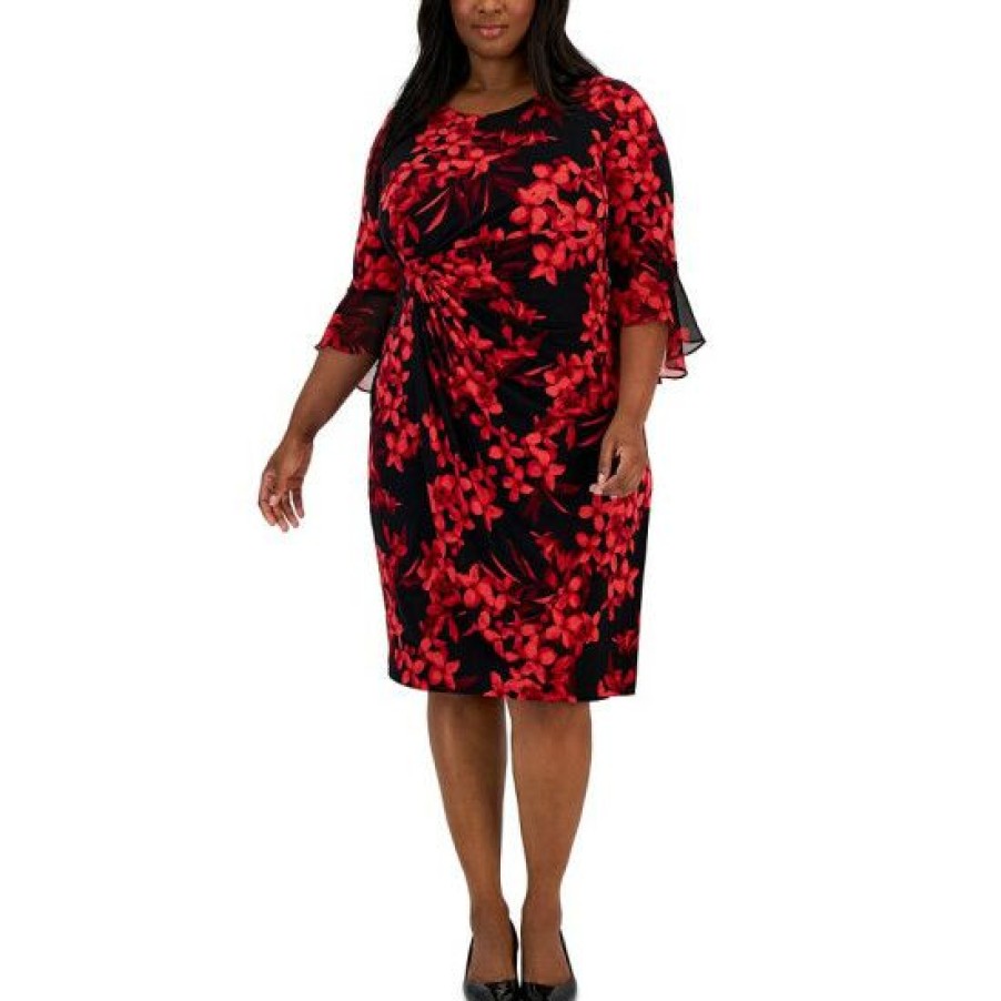 Women * | Cheap Connected Petite 3/4-Sleeves Printed Side-Tab Dress Red