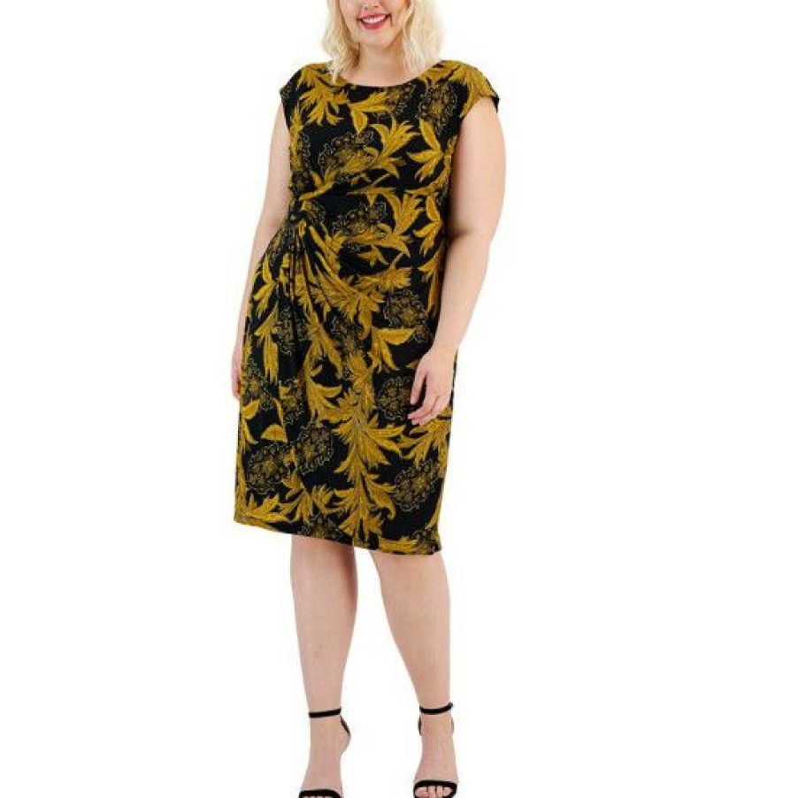 Women * | Hot Sale Connected Plus Size Printed Side-Tab Cap-Sleeve Dress Mustard