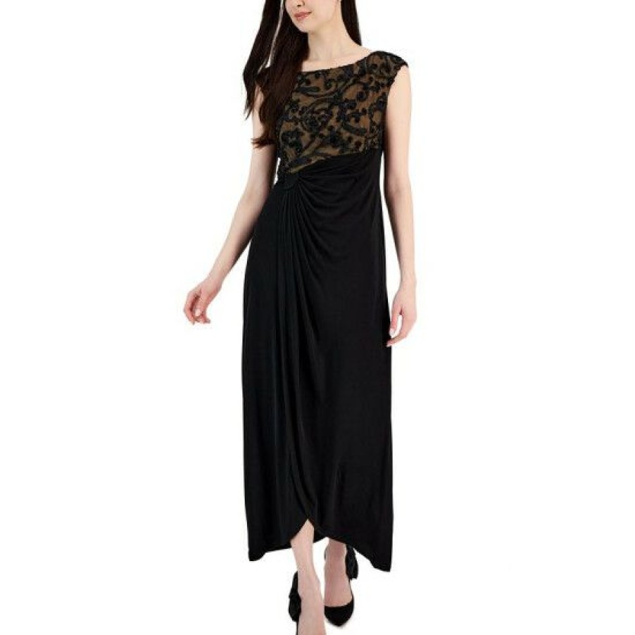 Women * | Flash Sale Connected Women'S Soutache Lace Cap-Sleeve Faux-Wrap Gown Black Mocha