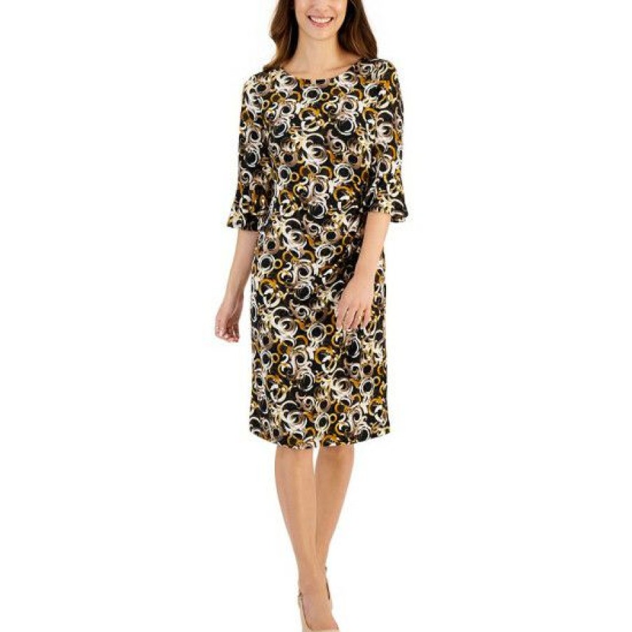 Women * | Deals Connected Petite Printed Bell-Sleeve Sheath Dress Mustard