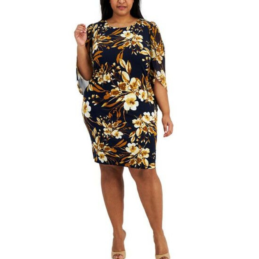 Women * | Discount Connected Plus Size Printed Tulip-Sleeve Sheath Dress Navy/Mustard