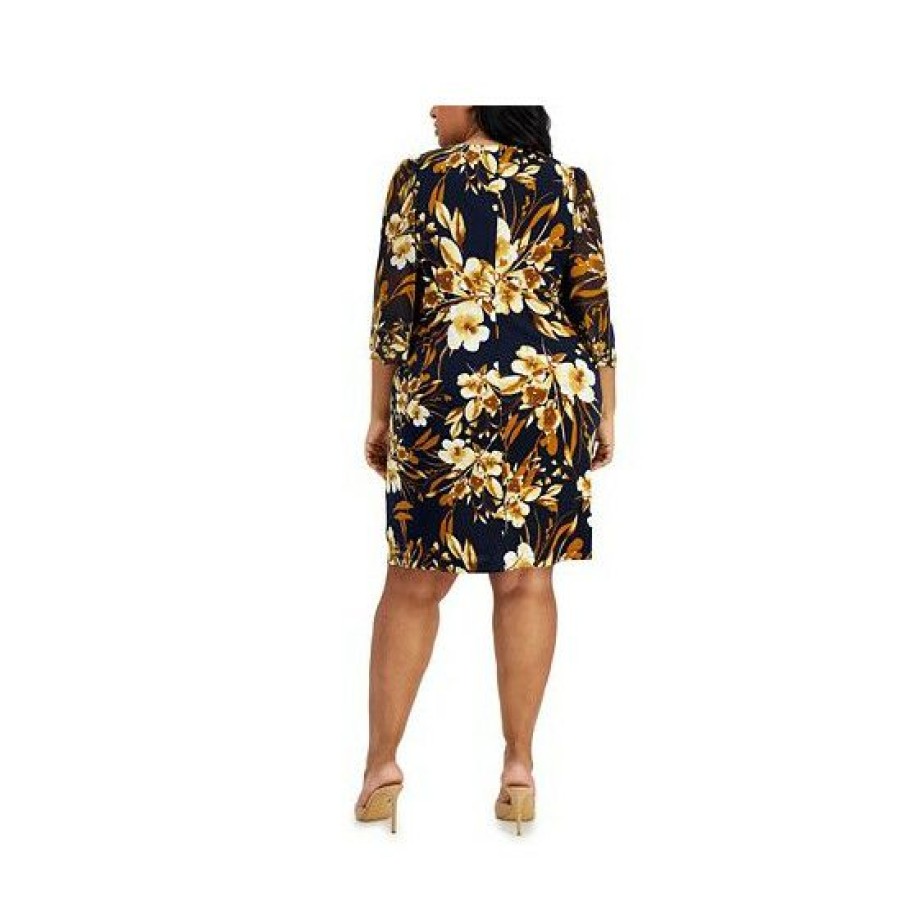 Women * | Discount Connected Plus Size Printed Tulip-Sleeve Sheath Dress Navy/Mustard