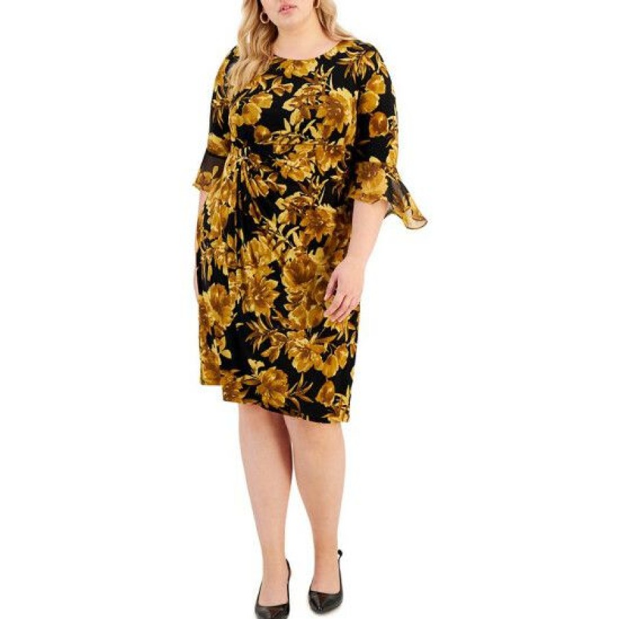 Women * | Best Pirce Connected Plus Size Round-Neck Flare-Sleeve Sheath Dress Mustard