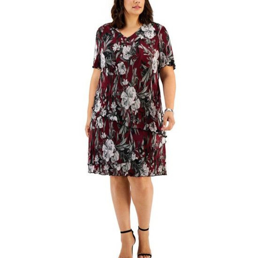 Women * | Top 10 Connected Plus Size Printed Tiered Dress Bordeaux