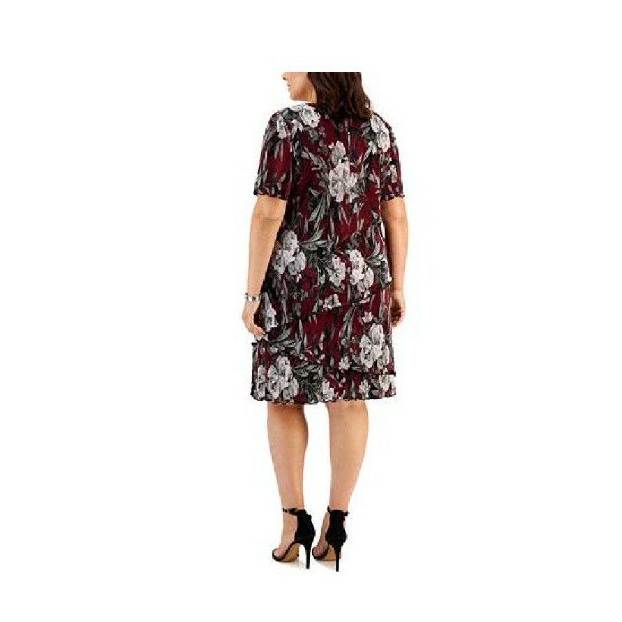 Women * | Top 10 Connected Plus Size Printed Tiered Dress Bordeaux