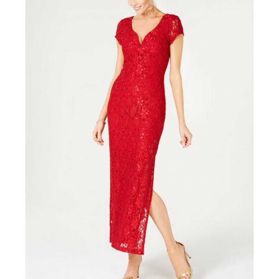 Women * | Brand New Connected Petite Sequined Lace Column Gown Red