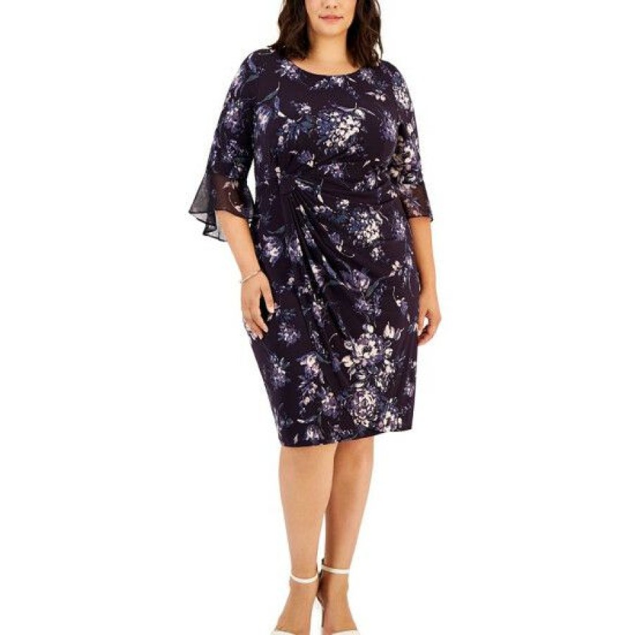 Women * | Flash Sale Connected Plus Size Printed Chiffon 3/4-Bell-Sleeve Dress Eggplant