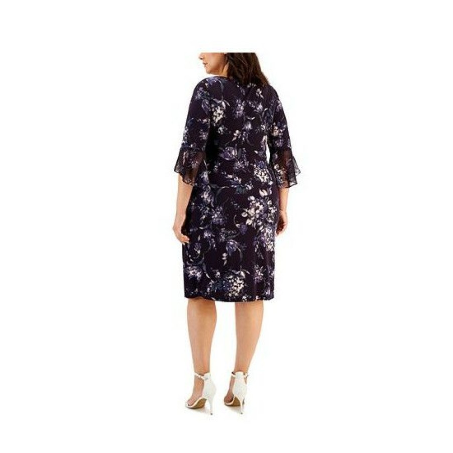 Women * | Flash Sale Connected Plus Size Printed Chiffon 3/4-Bell-Sleeve Dress Eggplant