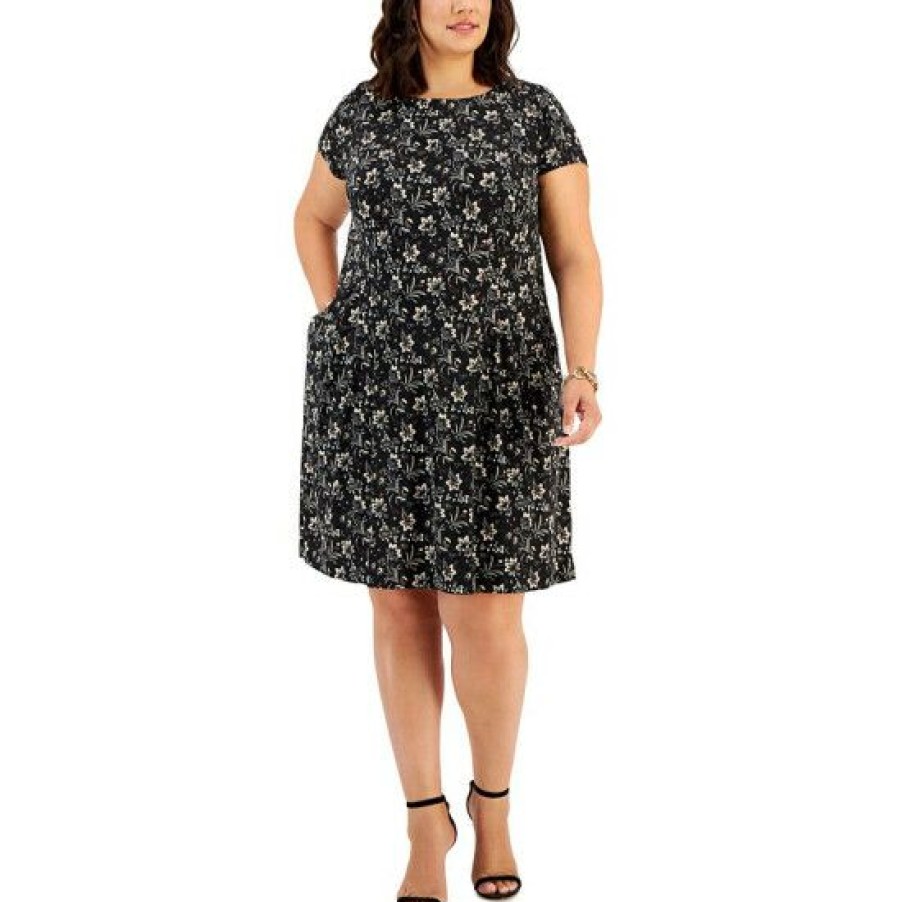 Women * | New Connected Plus Size Printed Fit & Flare Dress Black