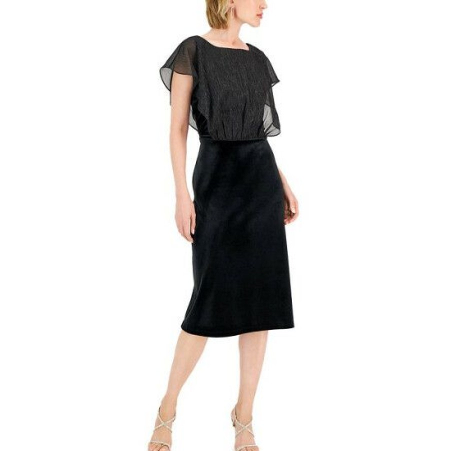 Women * | Budget Connected Women'S Velvet Flutter-Sleeve Midi Dress Black